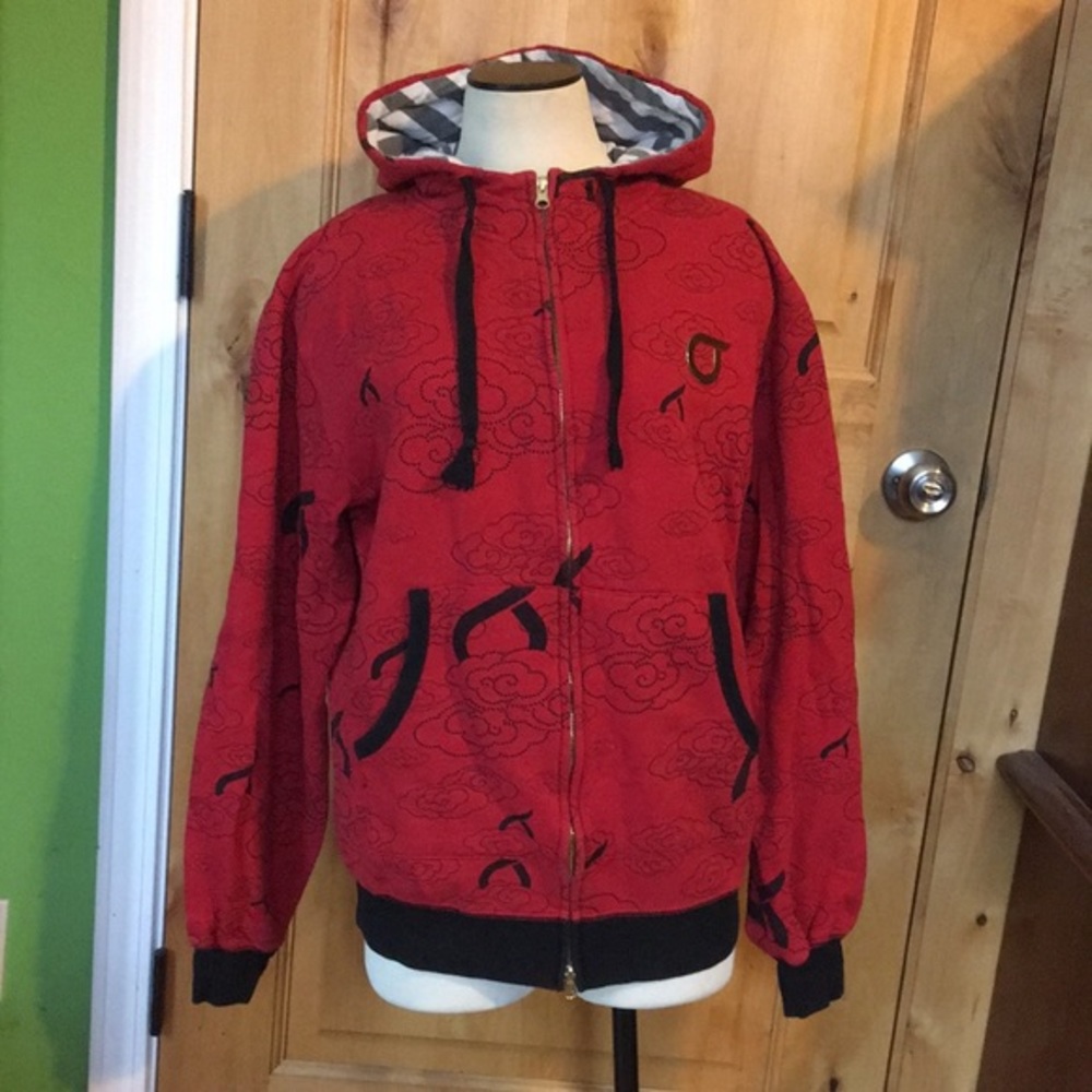 ORISUE 2-Pocket Zip Up Red Black Hooded Sweatshirt $78 EUC Men’s M